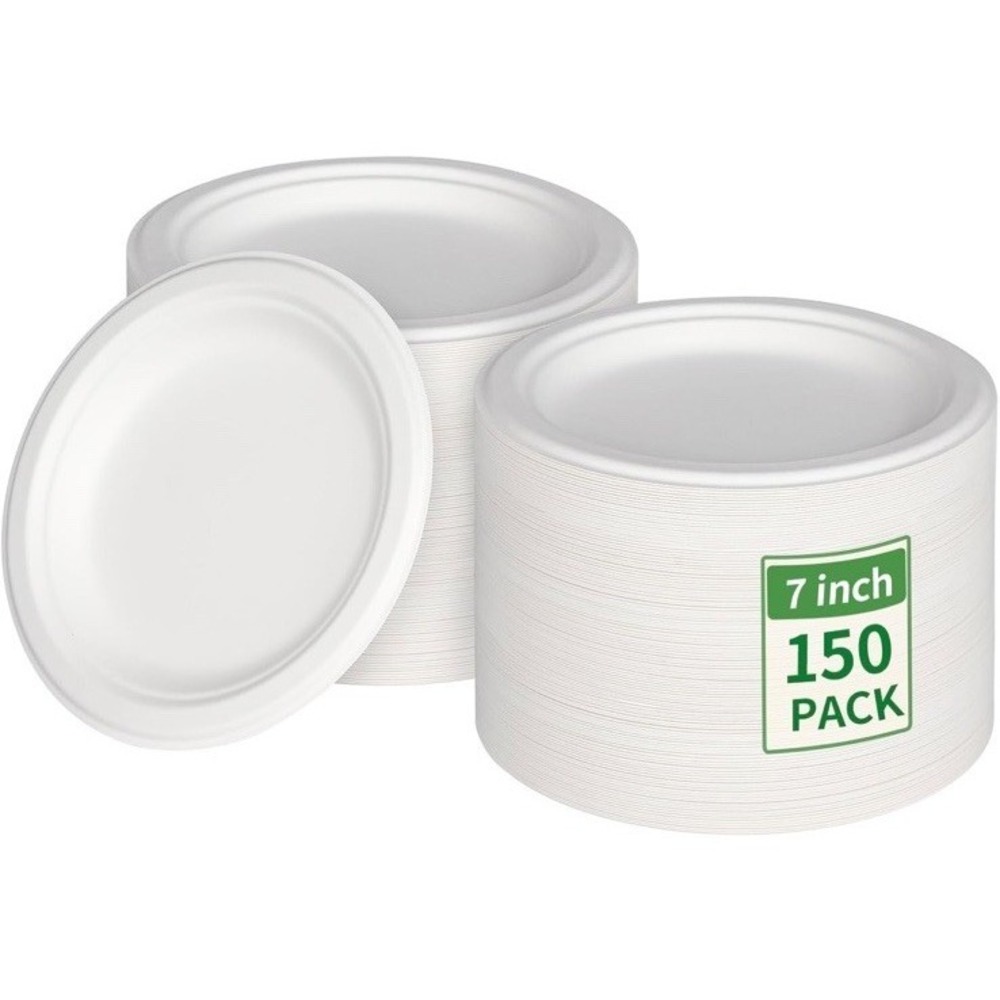 Aricsen 150 Pack 7 Inch Compostable Disposable Round Paper Plates, Natural Wh...